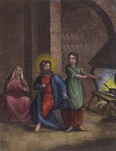 Şimdi, on ikisiyle birlikte, ayrıldığı gürültülü kasaba ... (renkli gravür) by English School
