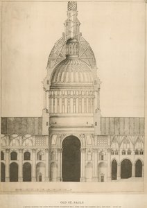 Eski St Paul Katedrali; bir kubbe için Sir Christopher Wrens ile Koro önerisini gösteren bir bölüm by English School