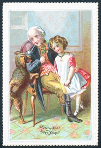Kız ve köpek, Noel kartı ile sandalyede oturan yaşlı beyefendi by English School