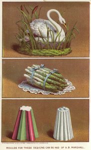 Kuğu ve kuşkonmaz demeti şeklinde buzlu yiyecekler yapmak için süs kalıpları (chromolitho) by English School