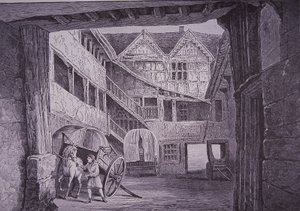 New Inn, Gloucester (ahşap oyma) avlusunda ata katılan Ostler by English School