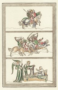 Ordusuyla Northumberland Kralı Oswald, Maserfield Savaşı, Meryem Ana Mucizesi (renkli gravür) by English School