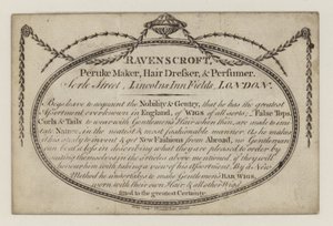 Peruke yapımcısı, Ravenscroft, ticaret kartı by English School