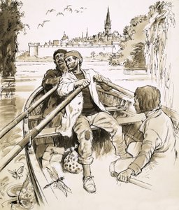 Pierre tekneyi nehrin geniş bir bölümüne yönlendirdi. by English School