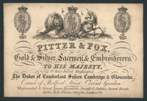 Pitter ve Fox, Gold and Silver Laceman ve Nakışçılar, Bedford Street, Covent Garden, ticaret kartı by English School