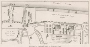 Kraliçe Elizabeth döneminde yapılan ve Boğa ve Ayı Yemini gösteren eski bir araştırmaya dayanan Thames Nehri üzerindeki Bankside Planı by English School