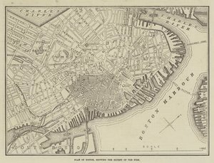 Yangının Büyüklüğünü gösteren Boston Planı (gravür) by English School