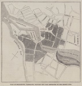 Yakın Zamandaki Yangının Yok Ettiği Parçayı gösteren Bridgetown, Barbados Planı (gravür) by English School