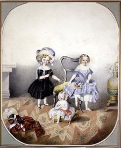 Süslü Elbiseli Üç Mavi Gözlü Kızın Portresi, 1840 dolayları (kağıt üzerine suluboya) by English School