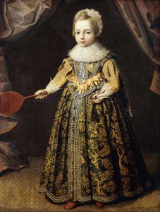 3 Yaşında Bir Çocuğun Portresi, Altın İşlemeli Yeşil Elbiseli, Dantelli Şapkalı ve Rufflu, Bir Battledore ve Raketle Tutan Tam Boy, 1605 by English School