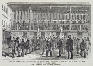Basamak Tekerinde Çalışan Mahkumlar ve Serseriler Hapishanesinin 3. Avlusunda Egzersiz Yapan Diğerleri, Coldbath Fields, Londra Kriminal Hapishanelerinden ve Hapishane Yaşamından Sahneler Henry Mayhew (1812- by English School