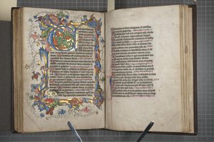 Sarum kullanım takvimi ile Zebur, Fol 72 verso fol 73 recto, c.1425-75 (parşömen üzerine mürekkep, boya ve altın) by English School
