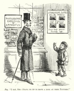 Punch karikatür: bir fotoğraf dükkanının dışındaki çocuk, stereoskopik slaytlara bakabilmesi için kaldırılmasını istiyor (gravür) by English School