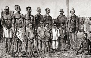 Pigme yerlilerin İngiliz subaylarla karşılaştırılması, Sudanlılar ve Zanzibarlılar, 1890 (ahşap oymacılığı) by English School
