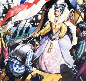 Kraliçe Elizabeth ve Francis Drake by English School