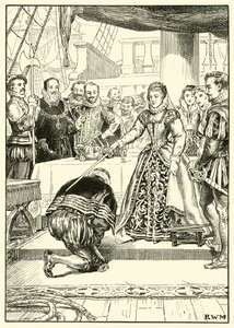 Kraliçe Elizabeth Altın Hind Gemisinde (kağıt üzerine mürekkep) by English School