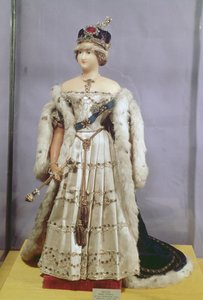 Kraliçe Victoria (1819-1901) taç giyme cübbesi giymiş bebek, 1840 dolayları (mum) by English School