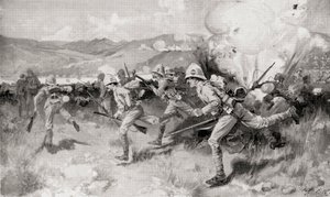 Kraliçe'nin Kraliyet Batı Surrey Alayı, Louis Creswicke tarafından yazılan 'Güney Afrika ve Transvaal Savaşı'ndan, Güney Afrika, Natal, Colenso Savaşı sırasında merkezi saldırıya liderlik ediyor, 1900'de yayınlandı (taş) by English School