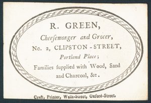 R Green, cheesemonger ve bakkal, ticari kart by English School