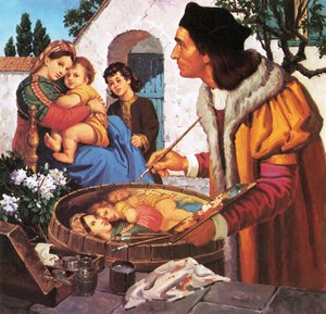 Raphael, bir şarap fıçısının tepesinde madonna ve çocuğu resmediyor. by English School