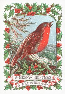 Bir dalda oturan kırmızı Robin, Noel kartı by English School