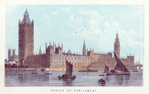 Thames Nehri: Parlamento Evleri (renkli gravür) by English School