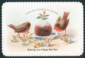 Robins ve Chicks gülümseyen erik pudingine bakıyor, Yeni Yıl Kartı by English School