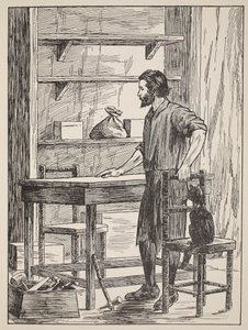 Robinson Crusoe mağarası için masa ve sandalyeler yapıyor, The Story of Robinson Crusoe: Defoes dilini izleyen çocuklar için bir uyarlama, pub. Griffith Farran Browne & Co. Limit tarafından by English School