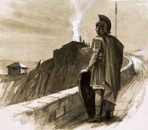 Bir sınır duvarını koruyan Romalı asker by English School