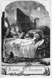 Romeo ve Juliet (Romeo ve Juliet) - “” William Shakespeare'i Tamamlıyor”” da İllüstrasyon 1866 - Bu baskının çizimleri ve genel biçimi, Cassell'in Londra'da yayınlanan resimli Shakespeare'inden ödünç alınmıştır. by English School