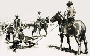Roping and branding cattle in the wild west by English School