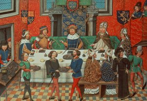Roy 14 E IV f.244v Lancaster Dükü Portekiz Kralı ile yemek yiyor, Vol. III Jean de Batard Wavrin tarafından "II. Richard