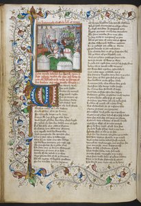 Kraliyet MS 18 D II, f.66v, Patroculus'u öldüren Hector Minyatür, ışıklı bir başlangıç 'W'(tavuk) ve kısmi bir yaprak kenarlığı, John Lydgate'in Troy Kitabından, c.1457-60 (parşömen) by English School