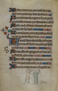 Royal ms 2_B VII f.177v Şahinleri taşıyan iki kadının ve önlerinde küçük bir köpeğin olduğu, üzerinde yerleşik bir baş harfinin bulunduğu, 