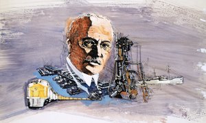 Rudolf Diesel, trenlerin, teknelerin ve rıhtımların arka planına karşı by English School