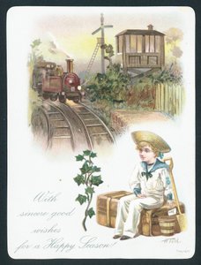 Tren bekleyen denizci çocuk, Noel kartı by English School
