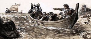 Aziz Malo yağmacı Vikinglerden kaçar (kağıt üzerinde guaj boya) by English School