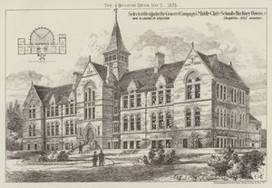 Bakkallar Şirketinin Orta Sınıf Okulları için Seçilmiş Tasarım Hackney Downs, şimdi Montaj Aşamasında (gravür) by English School