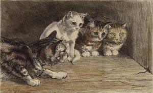 Bir farenin kuyruğuna bakan birkaç kedi (renkli gravür) by English School