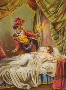 Shakespeare: Othello, Desdemona yatakta, uyuyor (chromolitho) by English School