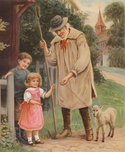 Küçük bir kıza evcil kuzusunun dizginlerini veren çoban (kromolito) by English School