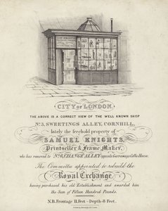 Samuel Knights Mağazası, matbaacı ve çerçeve üreticisi, 3 Sweetings Alley, Cornhill, Londra Şehri by English School
