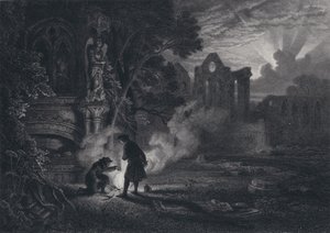 Sir Arthur ve Dousters, St Ruth harabelerinde dönüyor (gravür) by English School
