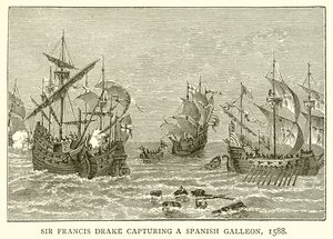 Sir Francis Drake bir İspanyol Kalyonunu ele geçiriyor, 1588 by English School