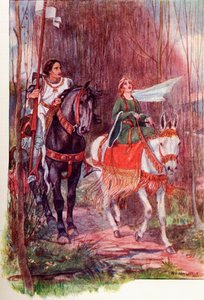 Sör Lancelot ve Kraliçe Guinevere. 1910'da yayınlanan The Gateway to Tennyson adlı kitaptan renkli illüstrasyon. by English School