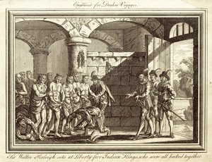 Sir Walter Raleigh, hepsi birbirine bağlı olan beş Hint kralını serbest bırakıyor (gravür) by English School
