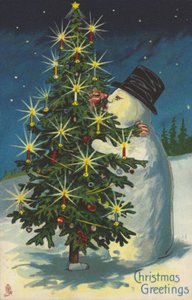 Kardan adam ve Noel ağacı öpüşme (chromolitho) by English School