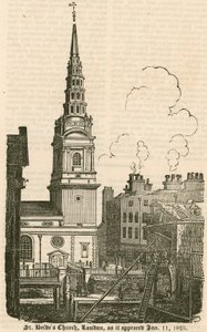 St Brides Kilisesi, Fleet Street, Londra, göründüğü şekliyle 11 Ocak 1825 by English School