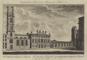 St Christopher Kilisesi, İngiltere Bankası ve St Bartholomew Kilisesi, Threadneedle Caddesi (gravür) by English School