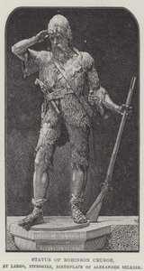 Robinson Crusoe heykeli, Largo, Fifeshire, Alexander Selkirk'in doğum yeri (gravür) by English School